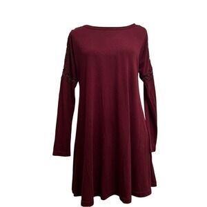 Maroon Lace Sleeve Tunic Dress Long Sleeve Boho Casual Chic Comfy Size Ln